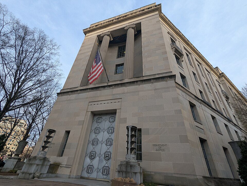 FILE PHOTO: An exterior door of the Robert F. Kennedy Department of Justice Building in Washington, photographed March 2025.